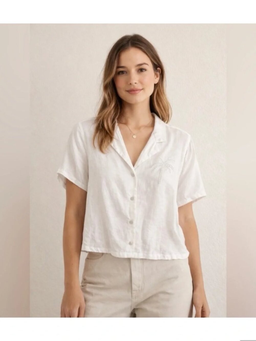 CALYPSO St. Barth Palm Camp Shirt Womens Medium White Linen Button Front Top
